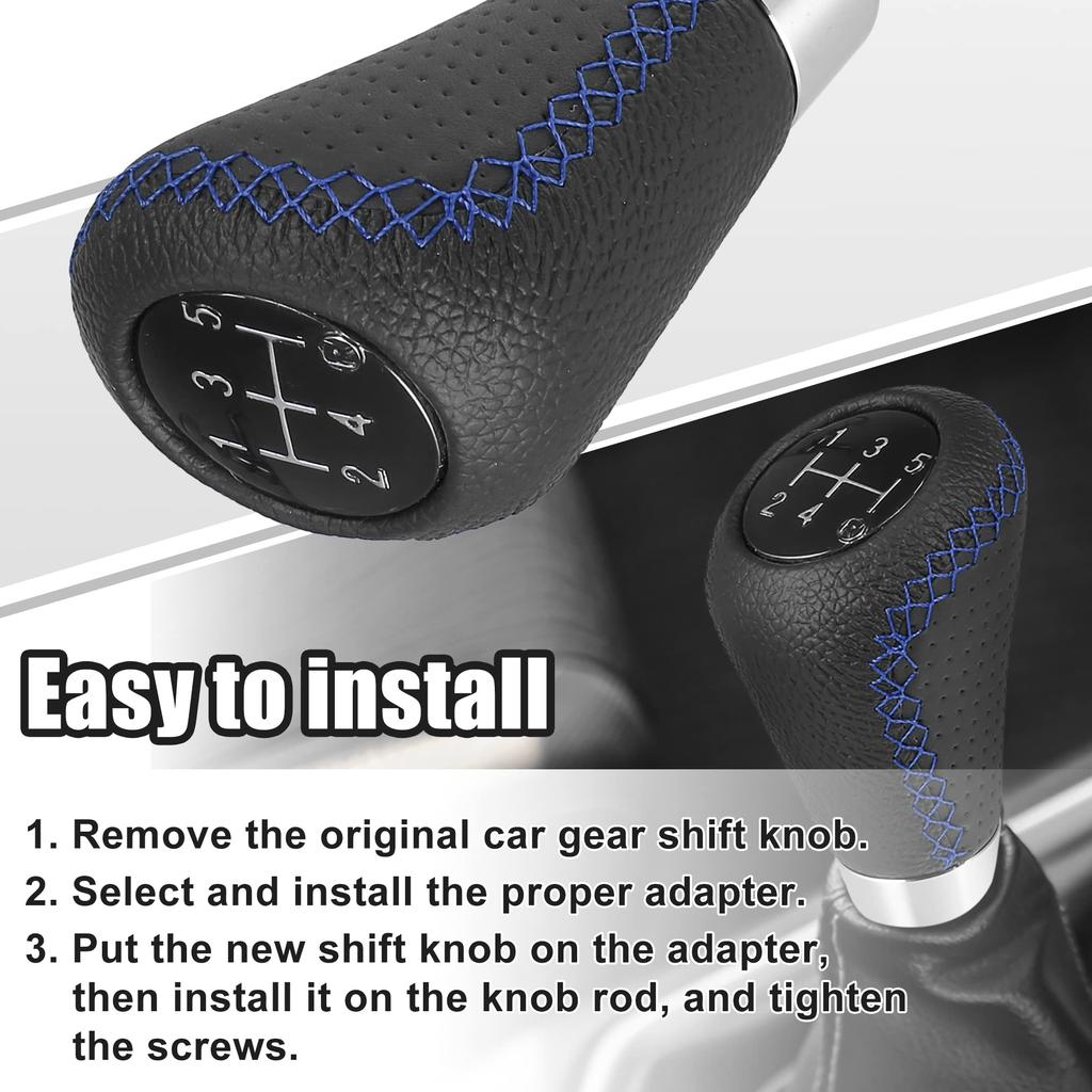 uxcell Black Universal 5-Speed PU Leather Manual Stick Shift Knob Auto Car Gear Lever Shifter with Hole Blue Stitching