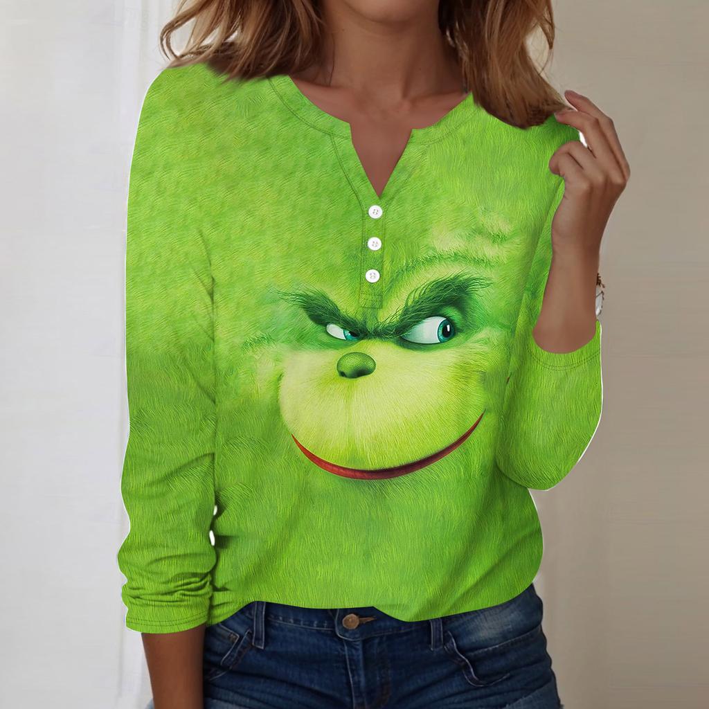 Women's Fashion Casual V-Neck Long Sleeve Decorative Button Christmas Print Top