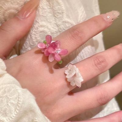 Anillo Nuevo Romántico Lindo Flor Violeta Primavera Verano Anillos Elásticos con Cuentas para Mujeres Amigas Corea Accesorios de Joyería para Dedos Regalo