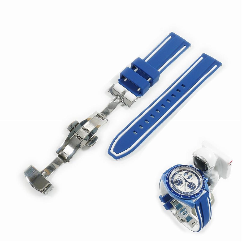 Swatch X Omega Compatible Rubber Strap with Type D-buckle, Double-line (navy/white Lines)