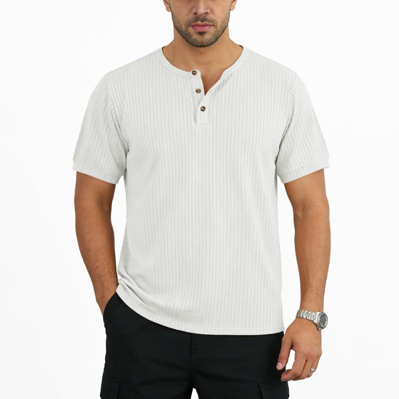Summer Men Ribbed Knit Henley T Shirt Multi Color Casual Short Sleeve Top S белый