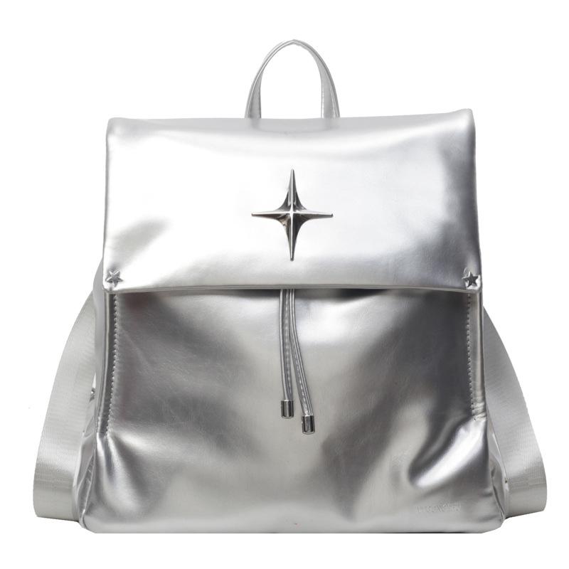 Korean silver backpack female versatile 2025 new trendy fashion large capacity student commuter schoolbag travel backpack