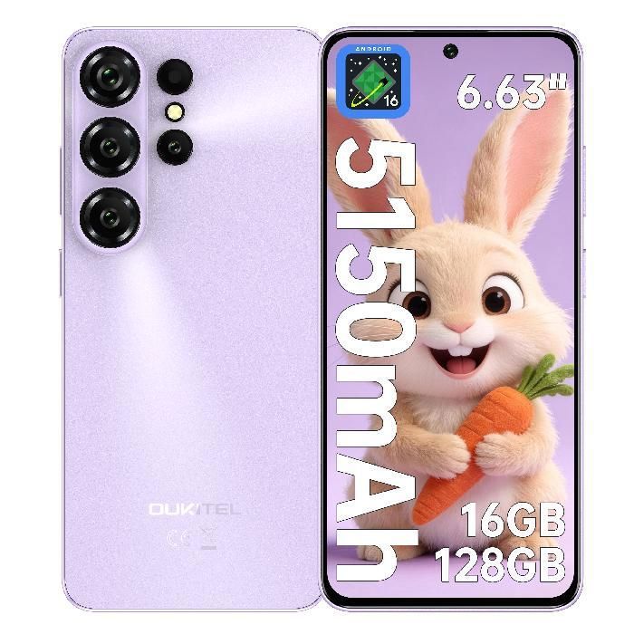 Refurbished - OUKITEL C26 Téléphone Portable, Android 16 16GO RAM+128GO ROM Smartphone 6,63"HD 5150mAh, Empreinte Digitale/Face ID/GPS,Violet