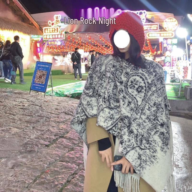 Ethnic Ink Painting Tassel Shawl Cape - Imitation Cashmere, Women's Travel Outfit