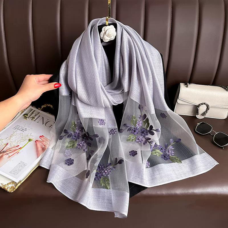 Floral Embroidery Elegant Silk Scarf Simulated Silk Soft Thin Shawl Scarf Solid Color 180*70Cm Beach Uv Protection Turban