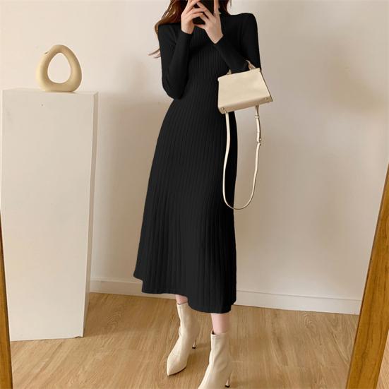 Women's Knitted A-Line Dress Half High Neck Long Sleeve Knee-Length Dress Winter Ribbed Sweater Dress Ladies Office Outfit