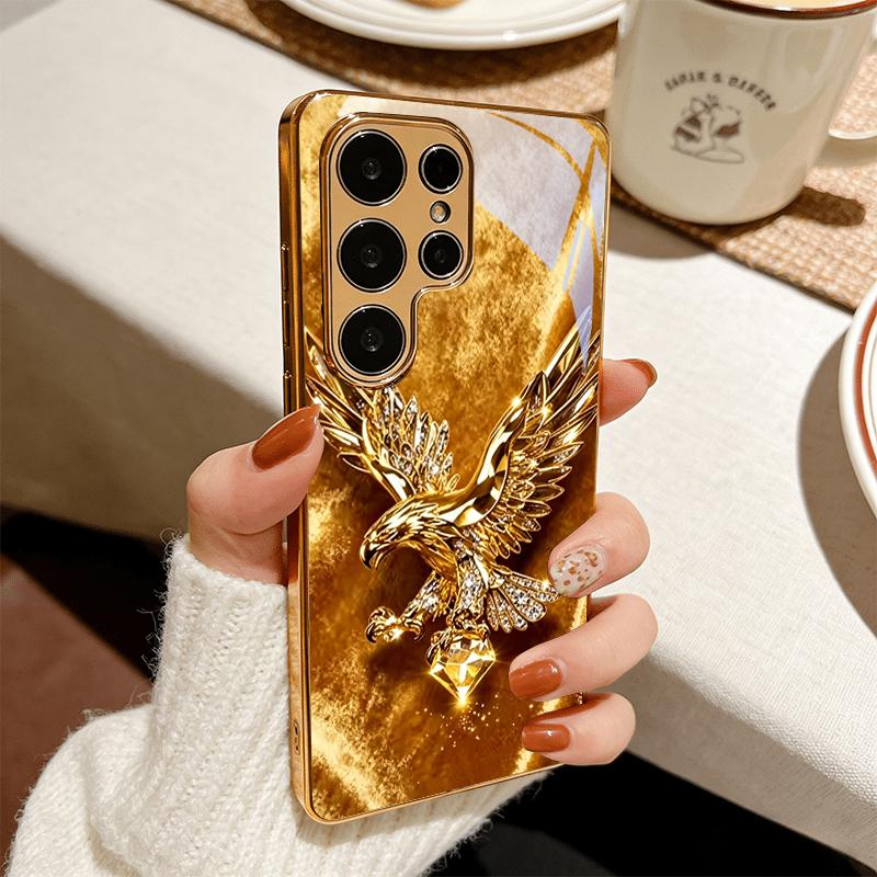 Gold Diamond Eagle Electroplated Golden Phone Case For Samsung Galaxy S25 S24 S26 S23 S22 S21 S20 Ultra Plus FE S26+ Glass Cover