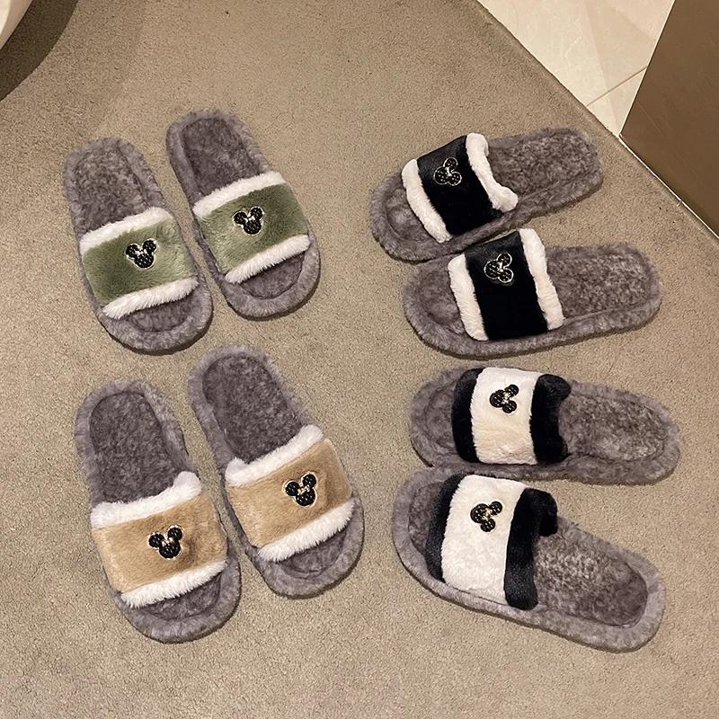 Fashion Fluffy Women's Slippers Home Cartoon Luxury Designer Winter Woman Shoes Flat Elegant Plush Indoor Footwear Fuzzy Fur Slides New