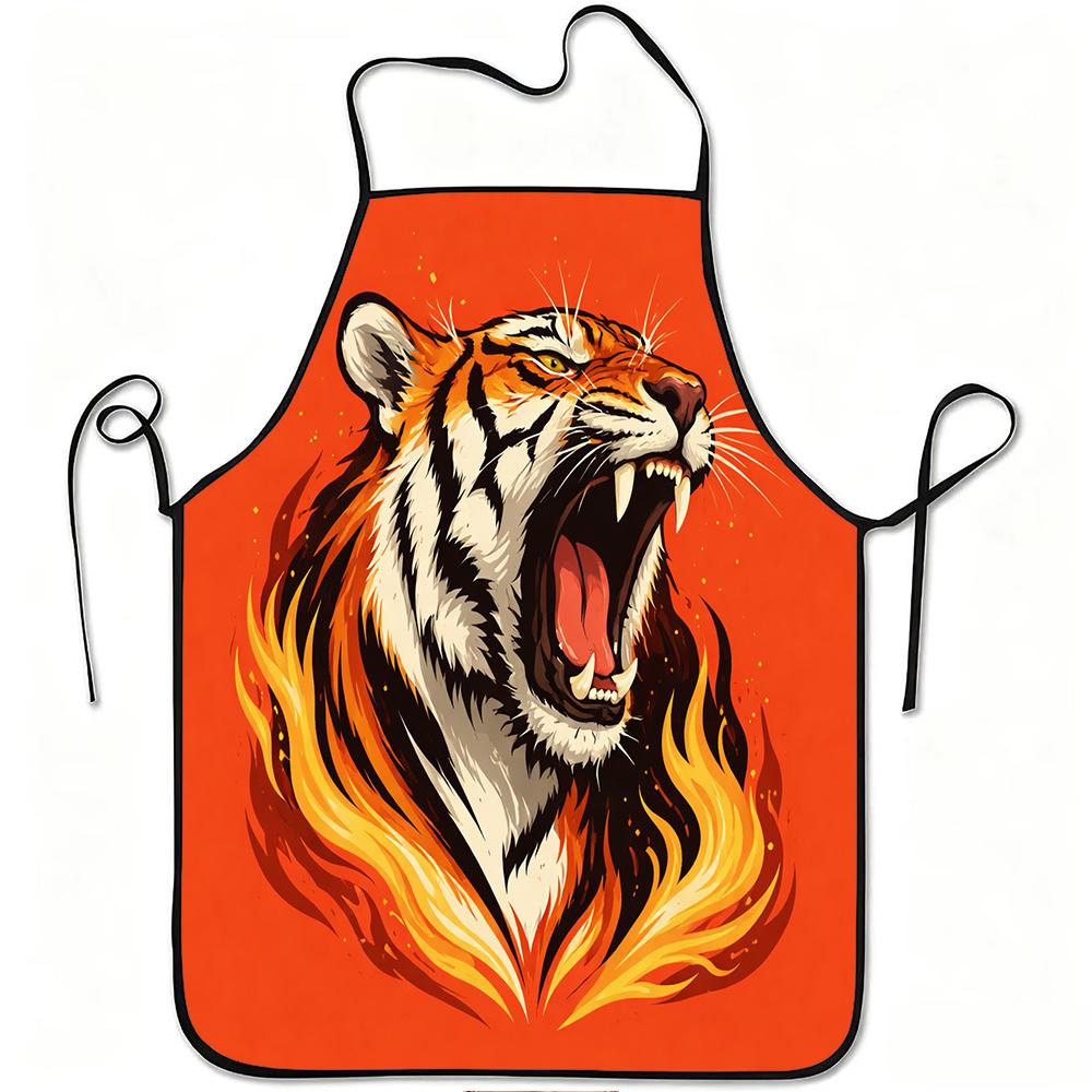 1pc Fiery Roaring Tiger Print Apron, Durable And Easy to Clean, Adjustable Waistband, Polyester Material, for Kitchen Cooking, Gardening, Orchard Pick