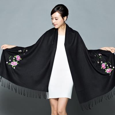Women Solid Color Shawl Embroidery Flower Cashmere Pashmina Soft Shawl Scarf Autumn Winter New Thick Blanket Long Scarves Wraps