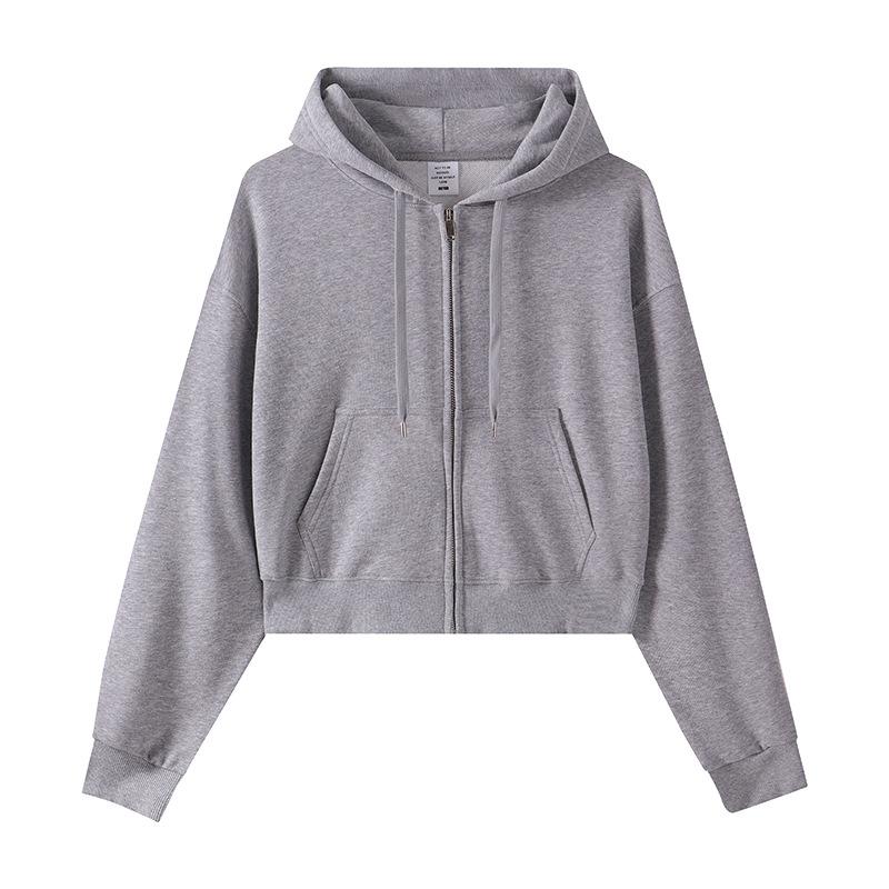Spring and Autumn New Women's Zipper Top Big Terry Solid Color Cardigan Sweatshirt