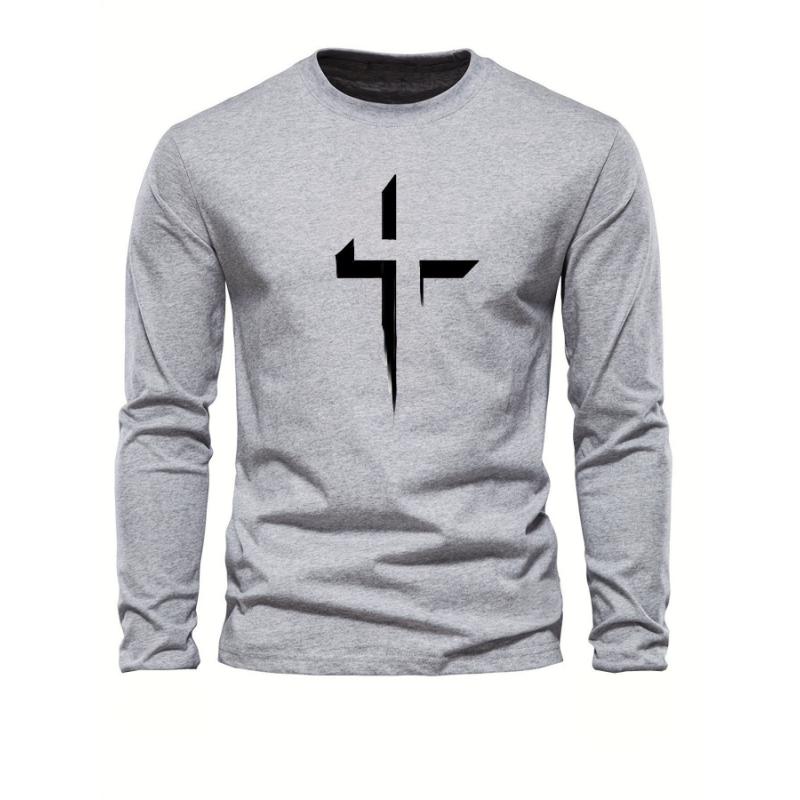 Pánské volné pohodlné ležérní sportovní tričko s dlouhým rukávem a kulatým výstřihem, nadměrné velikosti a s křížovým potiskem