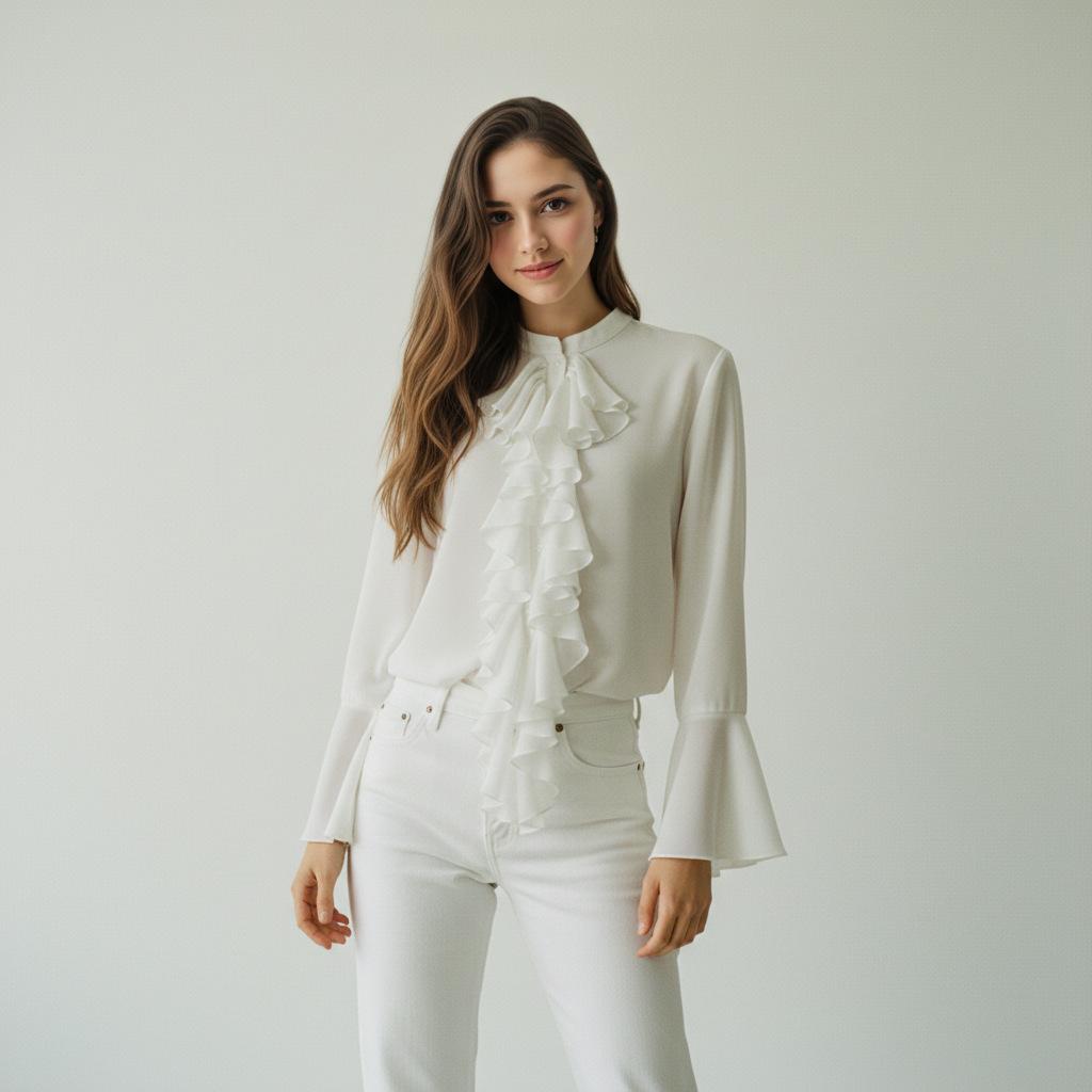 1116 spring and summer new court style chiffon top women's commuting versatile temperament ruffle leaf edge stand-up collar horn sleeve shirt