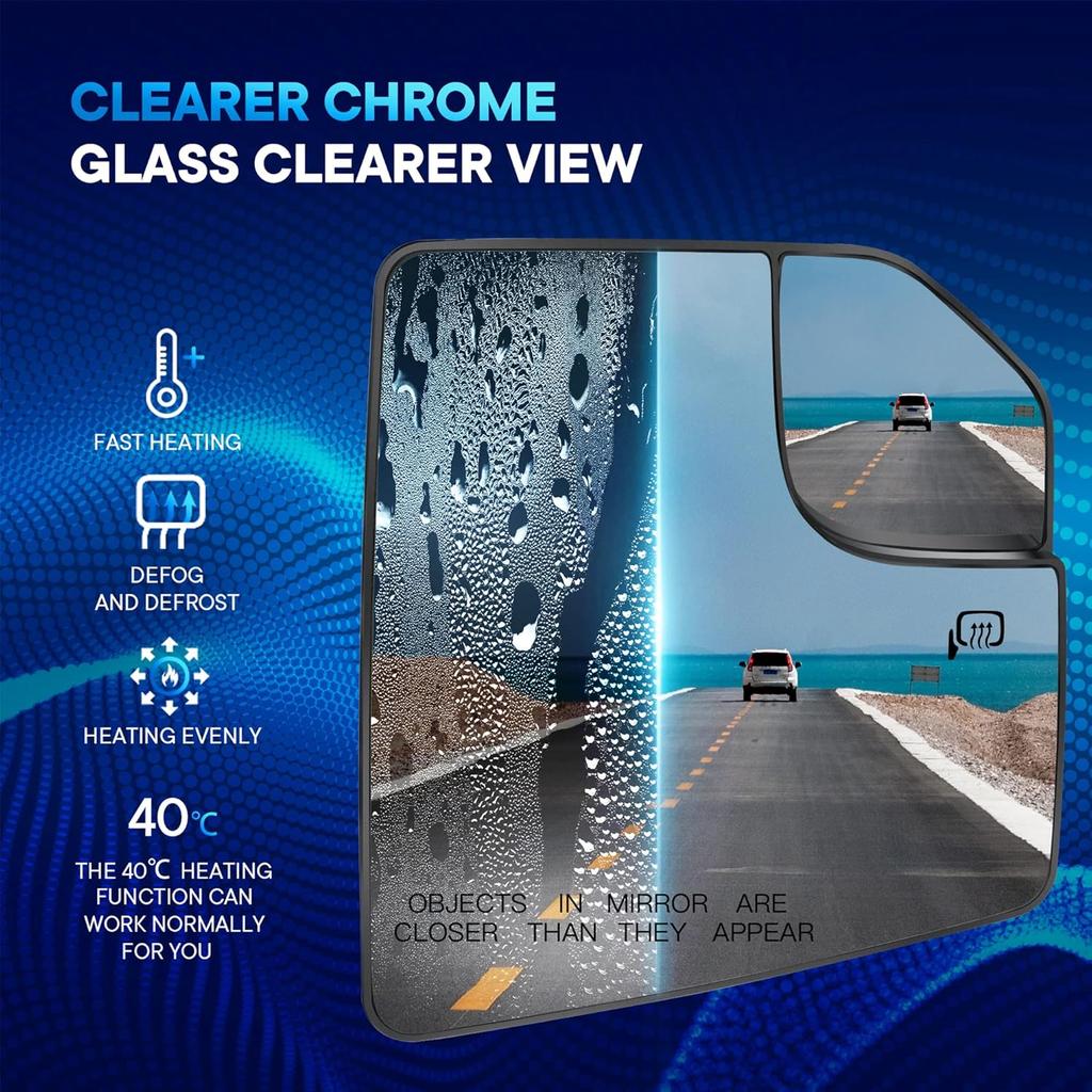 Compatible With Ford F150 Passenger Side Mirror Glass Replacement Power Heated Towing Mirrors - Right Side View Mirror Glass With Blind Spot, Backing