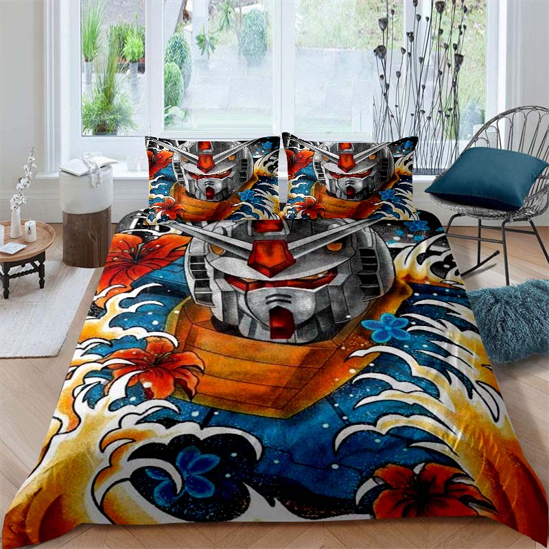 

3D printed Mobile Suit Gundam bedding set, printed single duvet cover and pillowcase three-piece set, available in children s 135x200cm