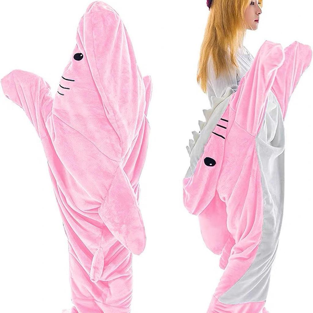 Cute Shark Flannel Pajamas with Chest Pads - Wearable Home & Office One-Piece Outfit