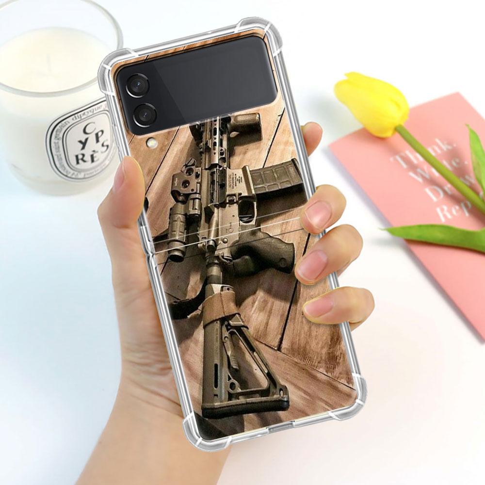 Luxury Case For Samsung Galaxy Z Flip 3 4 5G Funda Z Flip3 Clear PC Hard Shockproof Back Phone Shell AK47 Handgun Gun BUllets
