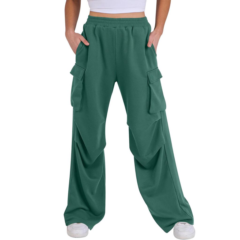 Women’s Wide Leg Cargo Pants Loose Fit High Waist Elastic Waistband Casual Trousers with Multiple Pockets for Daily Wear