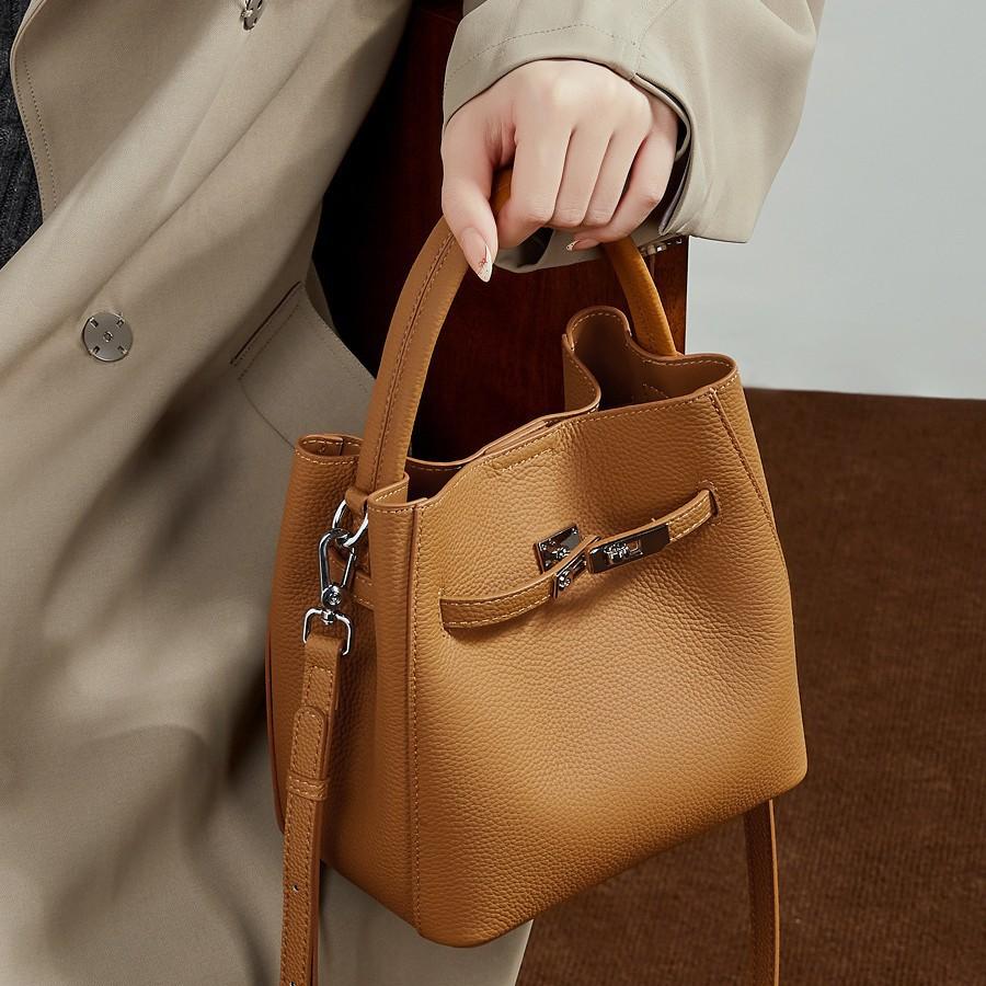 First Layer Cowhide Vegetable Basket Bucket Bag Women'S Leather Versatile Premium Shoulder Bag Portable Oblique Span Women'S Bag