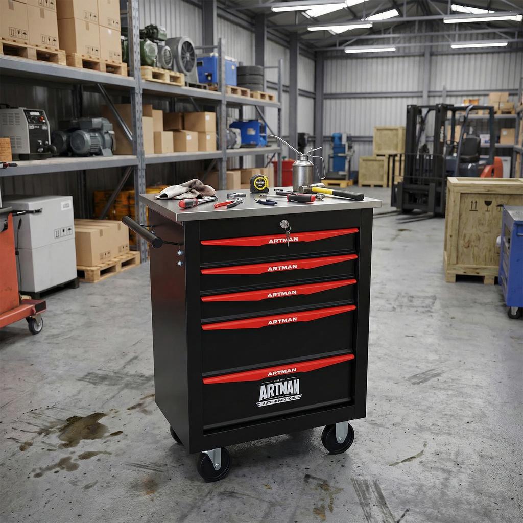 5-Drawer Multifunctional Tool Trolley with Casters, for Garage, Workshop, Warehouse and Repair Shop, with Stainless Steel Worktop, Black-Red