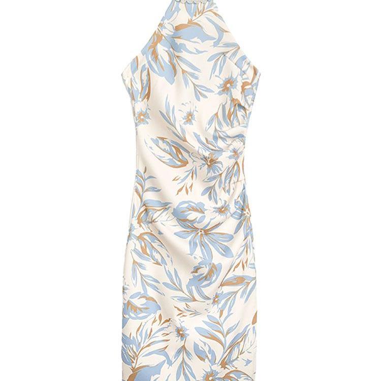Floral Print Halter Neck Sleeveless Qipao Dress with Pearl Waist-Cinching and Slit - Summer Slimming Bodycon.