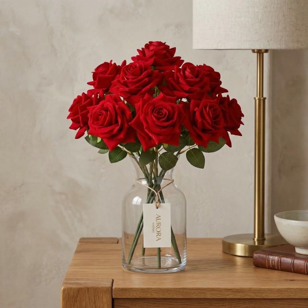 9 Head Artificial Rose Flower Green Leaves Faux Rose Flower Branch Fake Flower  Valentine's Day