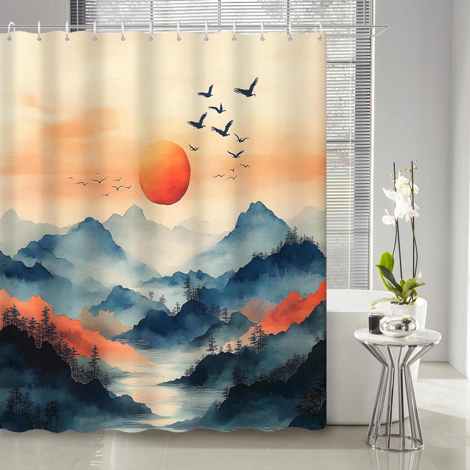 

1Pc Traditional Chinese Zen Landscape Red Bird Shower Curtain With 12 Hooks, Bathroom Decor Shower Curtain W60H190(CM)-1 Pcs