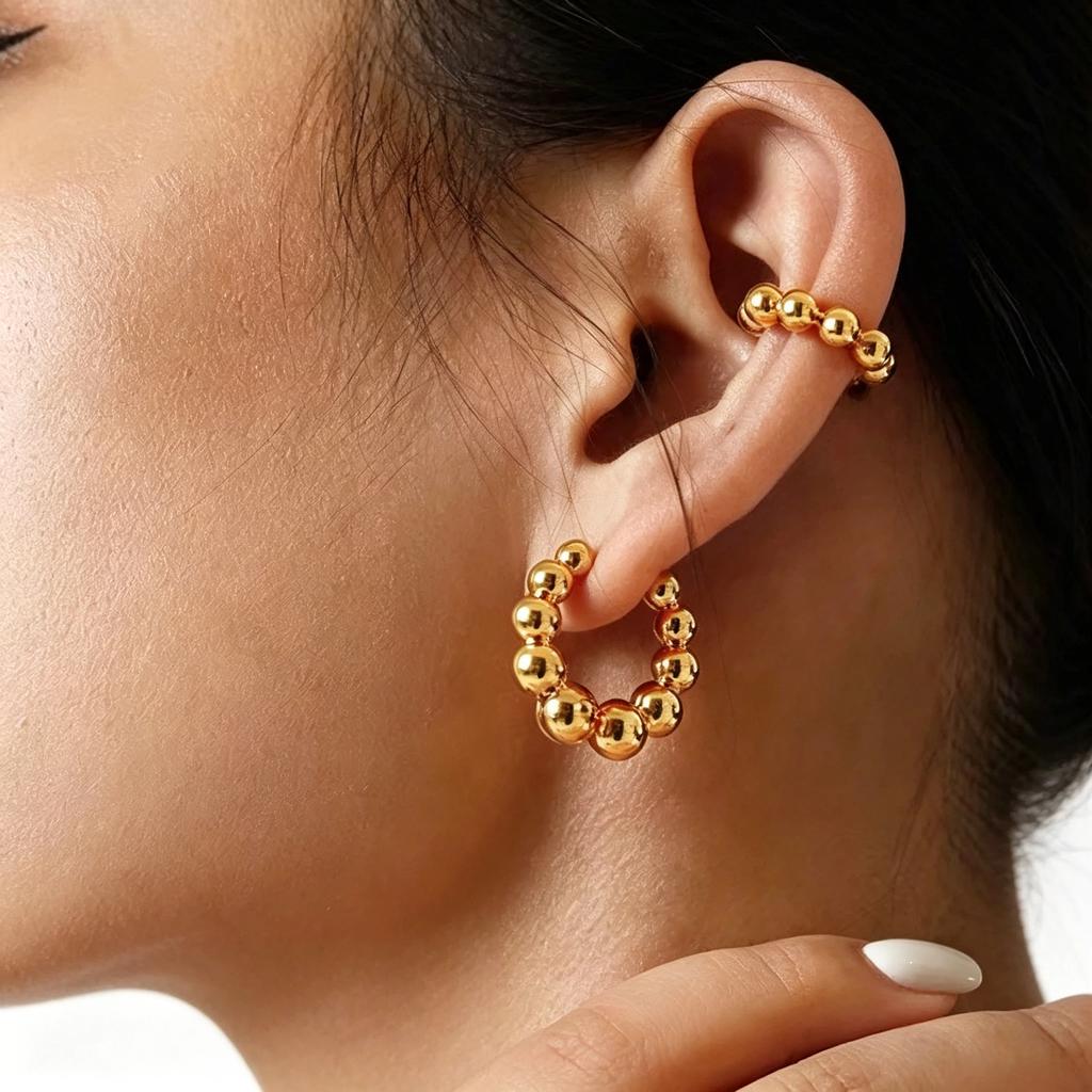 18K Solid Gold Bubble Korean Hoop Earrings Au750 Dangle Earrings Stacks Ball Circle Hollow Gold Hoops for Men Women