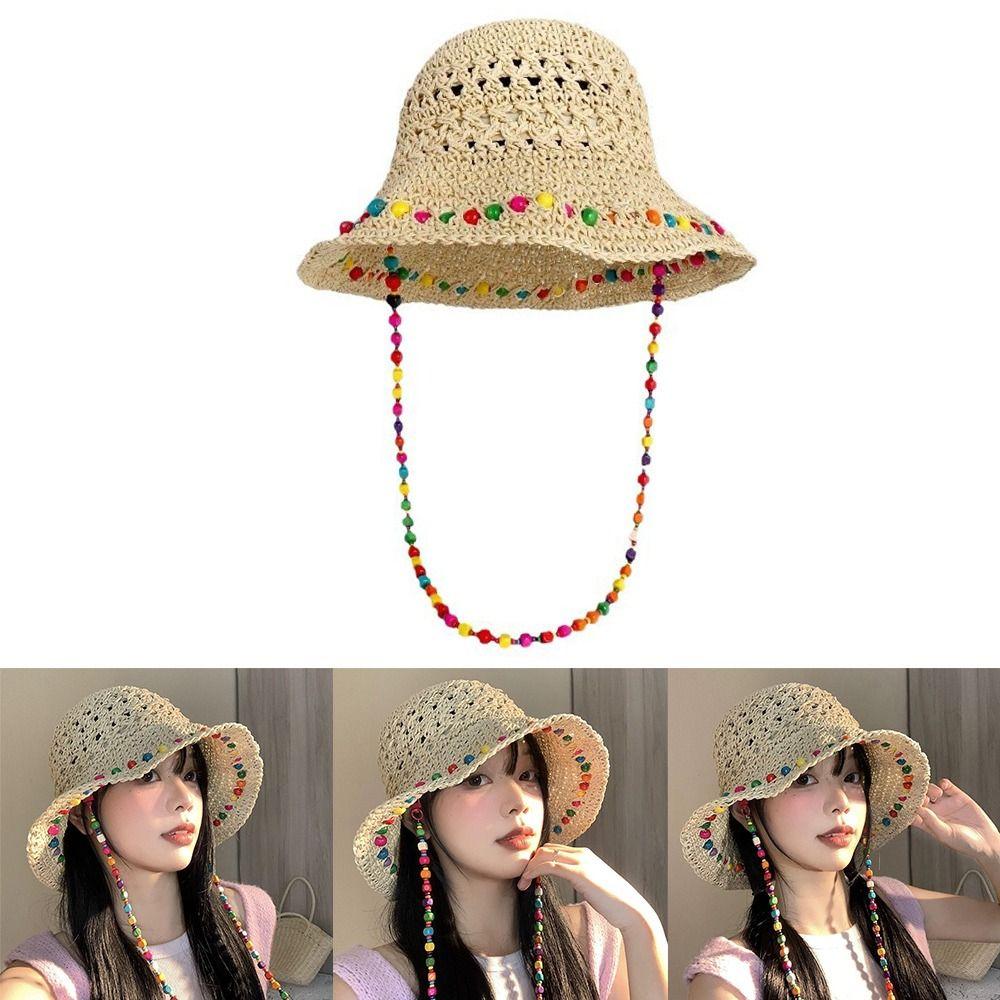 

Color Wood Beads Straw Hat Foldable Sunscreen Hat New Straw Sun Visors