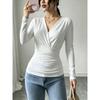 Women White Deep V Cross Front Waist Ruched Slim Long Sleeve Fitted Basic Top