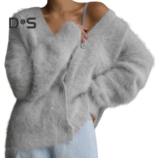 

Женский свитер, пальто с V-образным вырезом, длинный рукав, однотонный однобортный вязаный свитер свободного кроя, теплый вязаный кардиган S светло-серый