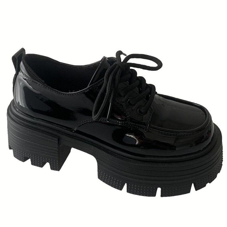 Women's Spring 2025 British-Style Patent Leather Loafers: High Chunky Heel, Thick Sole, Lace-Up, Round Toe.