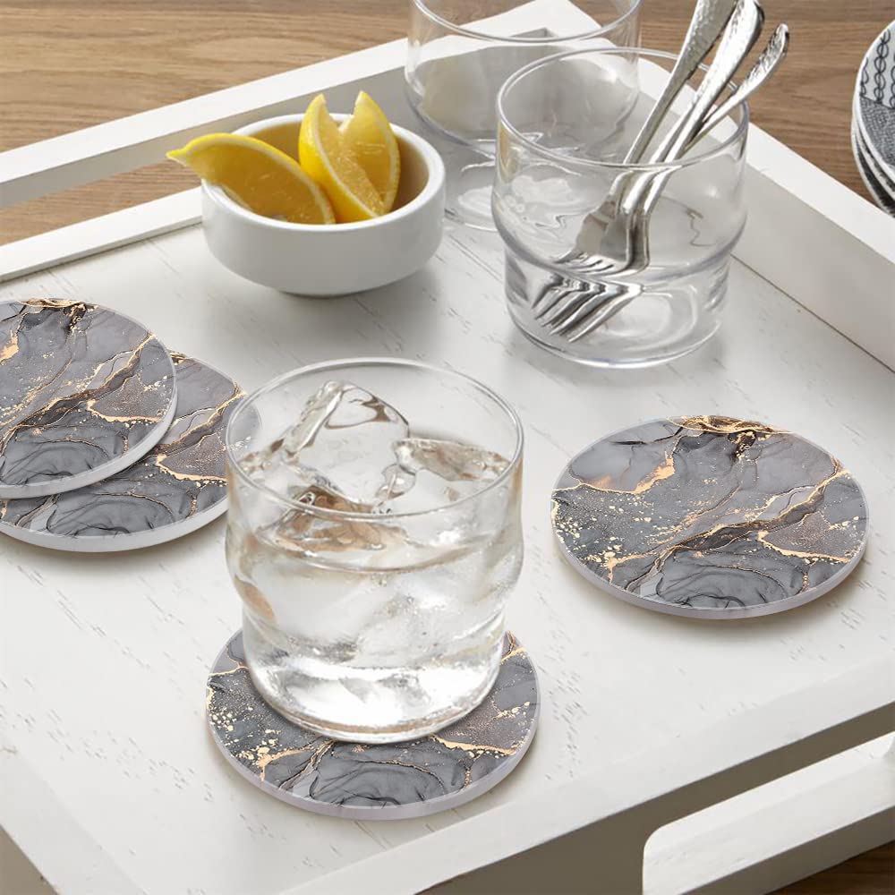HAOCOO Stylish Ceramic Coasters with Marble Pattern and Cork Backing, Set of 4, Round, for Mugs and Tea, Insulating, Better Than Diatomaceous Earth,