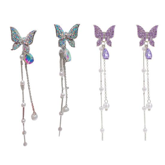 1 Pair Shining Rhinestones Chain Tassel Lady Earrings Vivid Butterflies Imitation Pearls