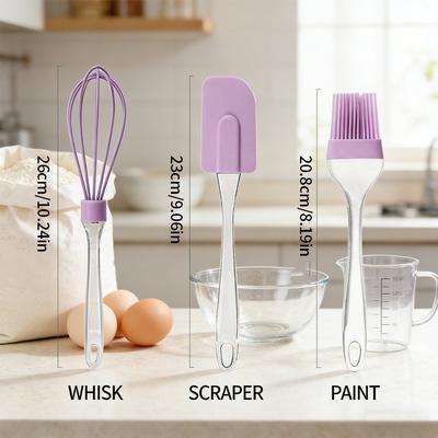 Baking Essentials 3-Piece Set Silicone Oil Brush + Detachable Spatula + Clear Handle Egg Beater for Cooking Baking