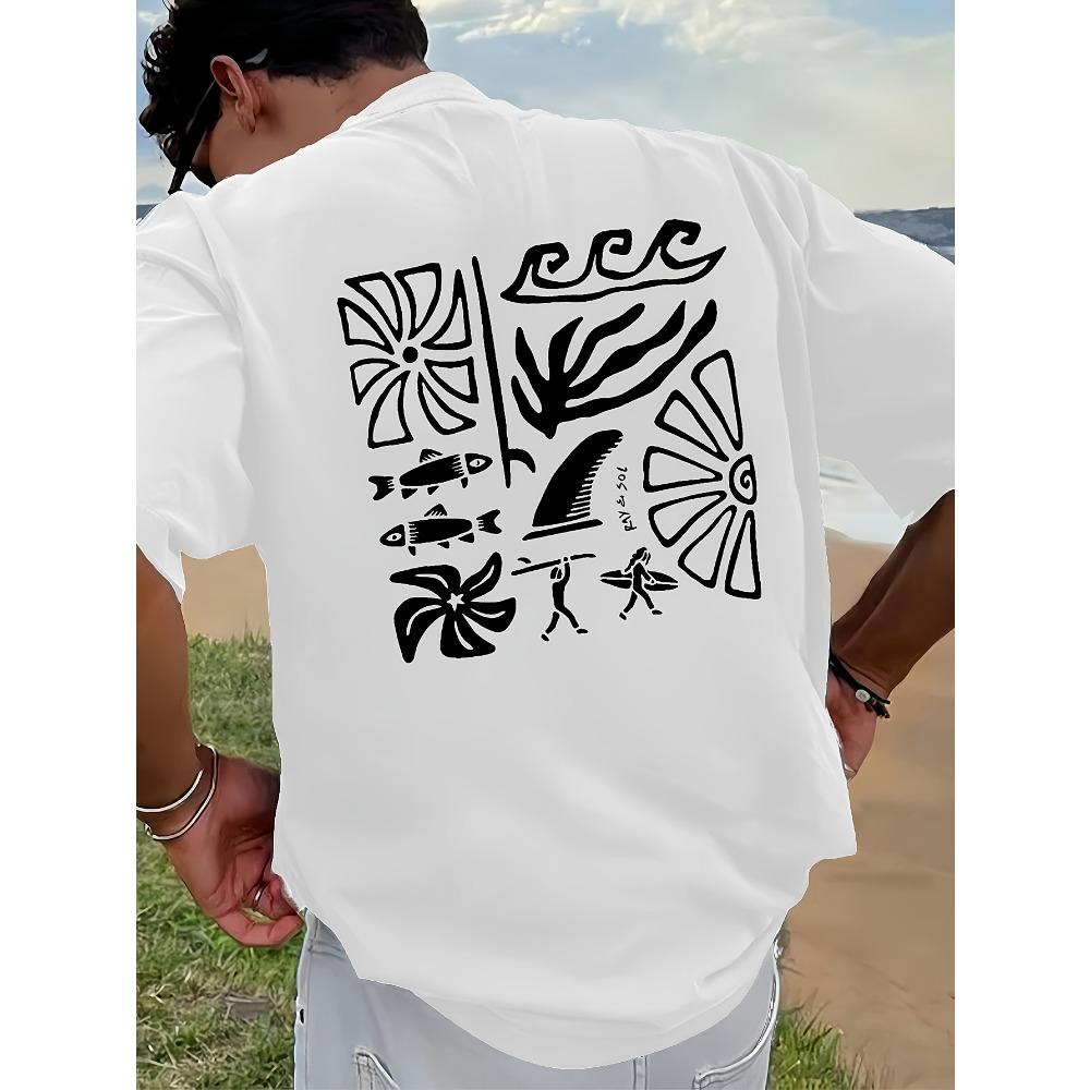 Men Surf Graphic T-shirt Black Yellow Tropical Beach Design Resort Short Sleeve Top Round Neck Top