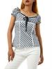 Sladké Cool Kostkované Čtvercový Výstřih Krajka Mašlička Tričko – Úzký Střih, Krátký Rukáv, Černobílé – Horký Dívčí Jarní/Letní Styl