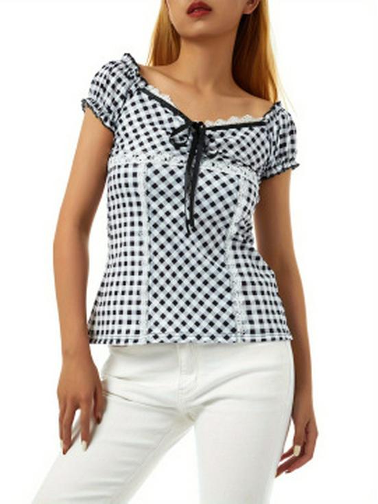 Sladké Cool Kostkované Čtvercový Výstřih Krajka Mašlička Tričko – Úzký Střih, Krátký Rukáv, Černobílé – Horký Dívčí Jarní/Letní Styl