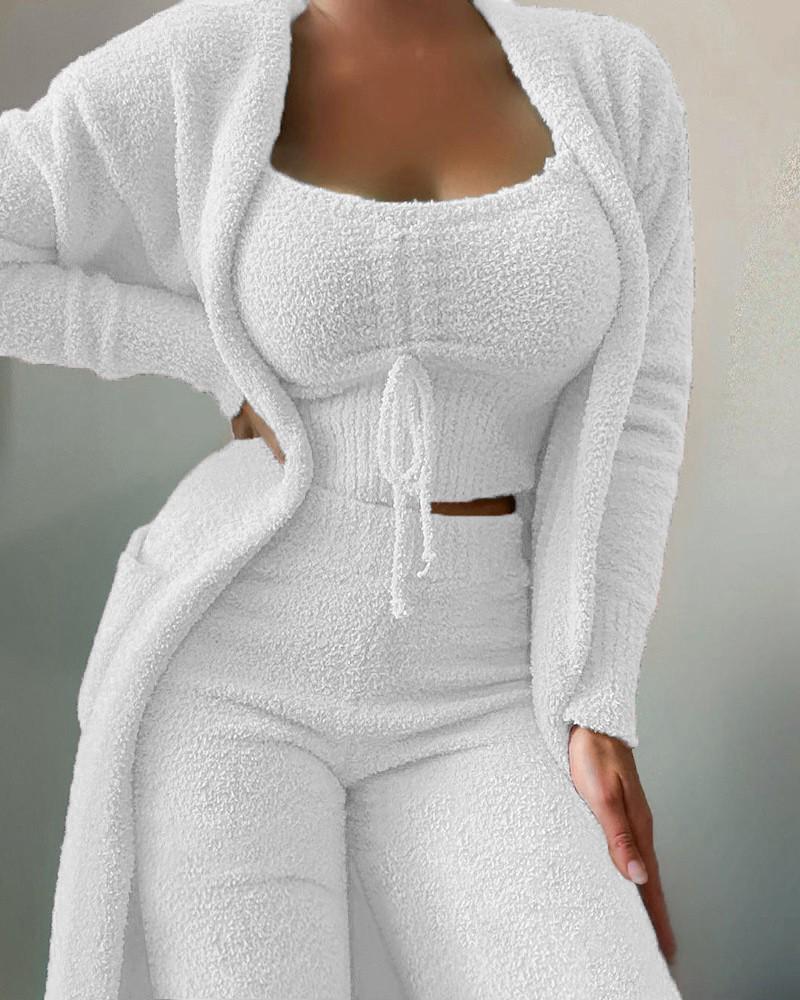 2026 Women's Plush Three-Piece Lace-Up Pajama Set - Casual Home Wear