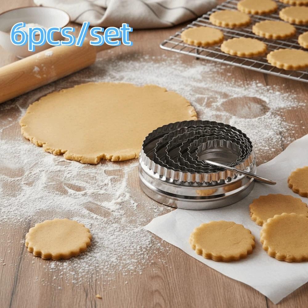 6Pcs Stainless Steel Ruffled Edge Round Biscuit Mold Hand Press Type Rust-proof Dumpling Skin Cutting Mold Corrosion-resistant