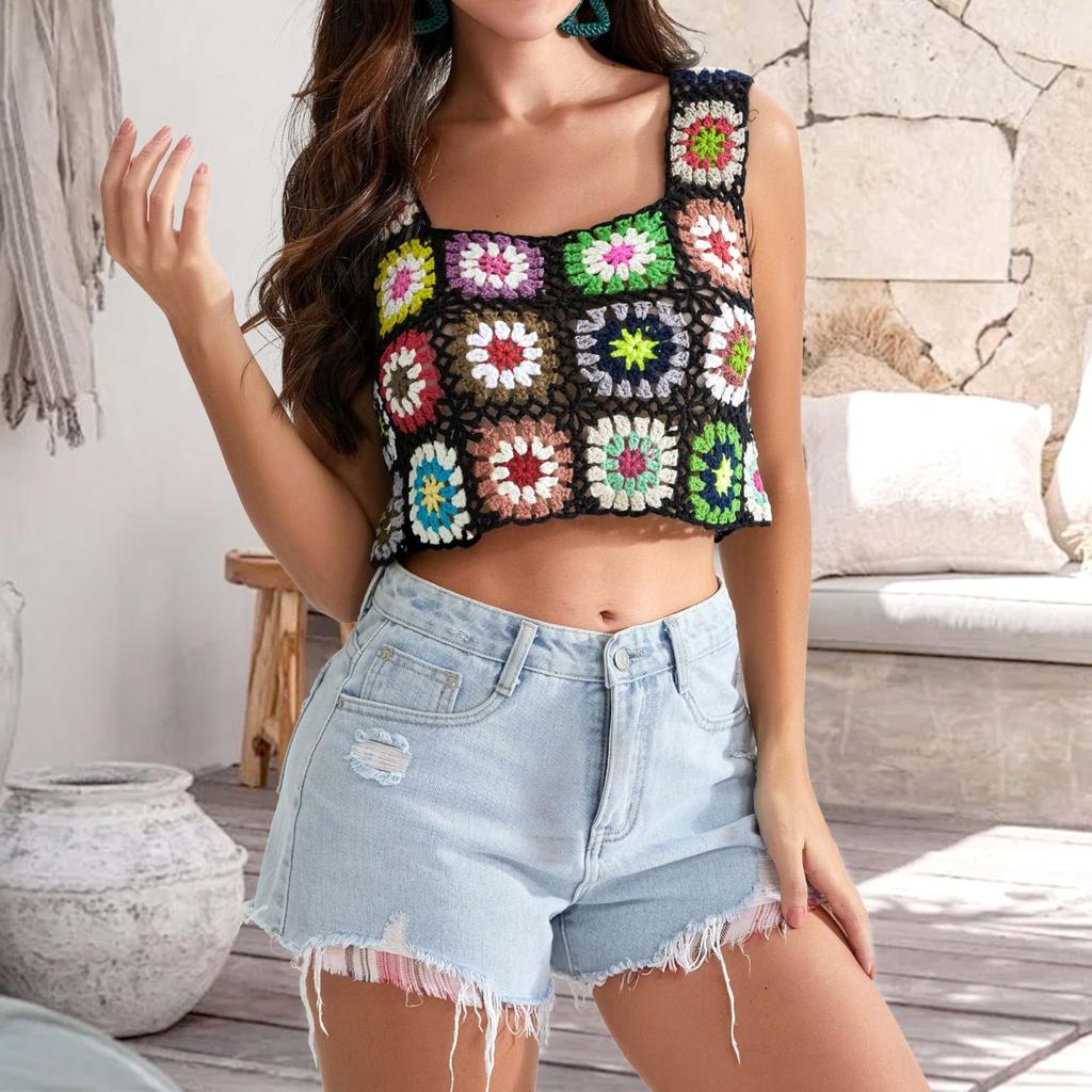 Dámské ruční háčkové vyšívání duté pletené tílko Košilka Dámské krátké plážové prázdniny bez rukávů