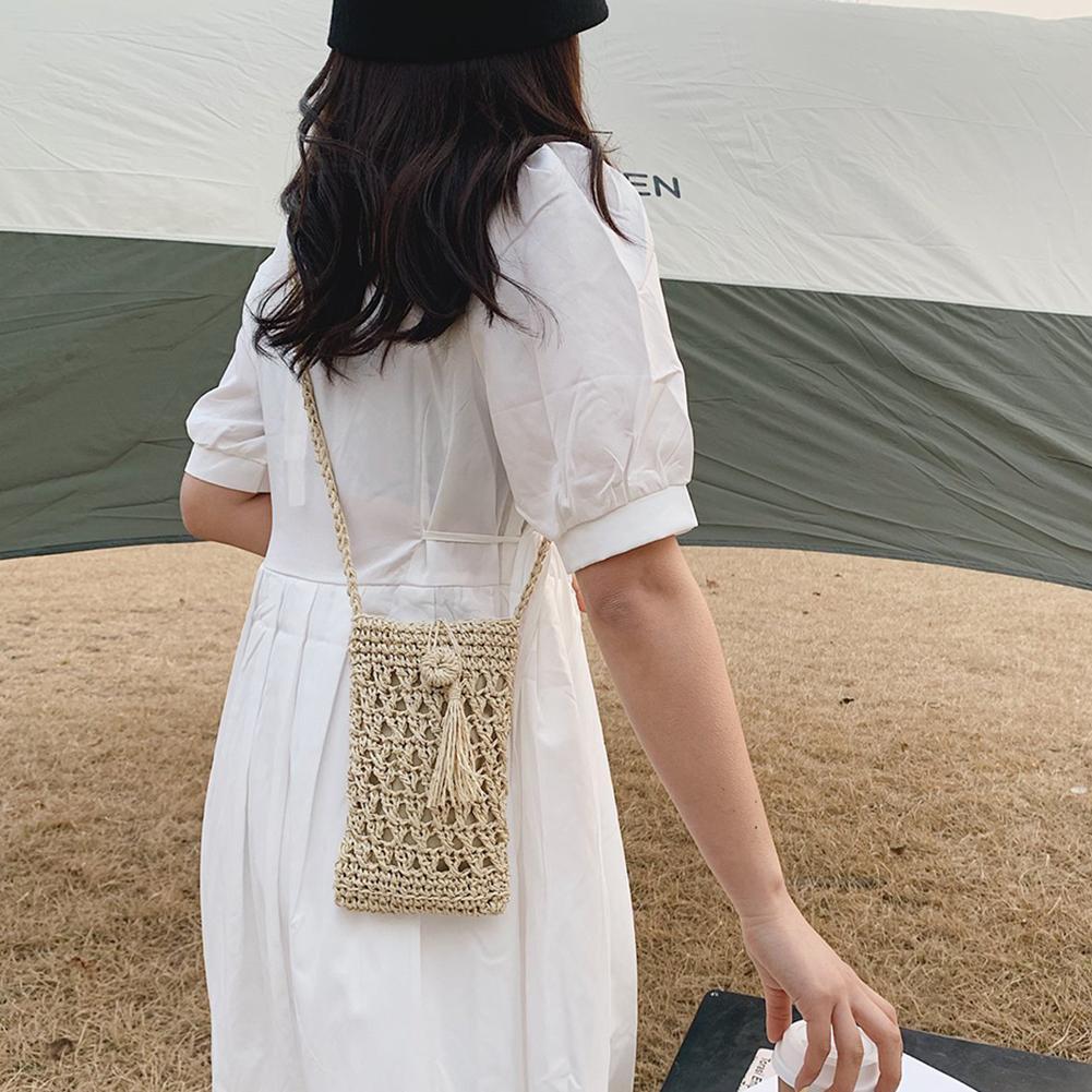 Female Vintage Straw Rope Hand-woven Crossbody Phone Bag Vacation Mini Purse