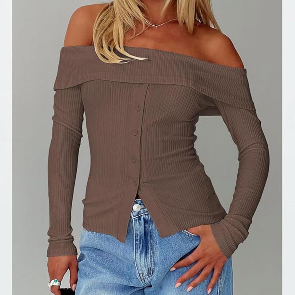 Women Y2k Off Shoulder Button Up Ribbed Knit Sweater Vintage Slim Fit Long Sleeve Foldover Pullover Top