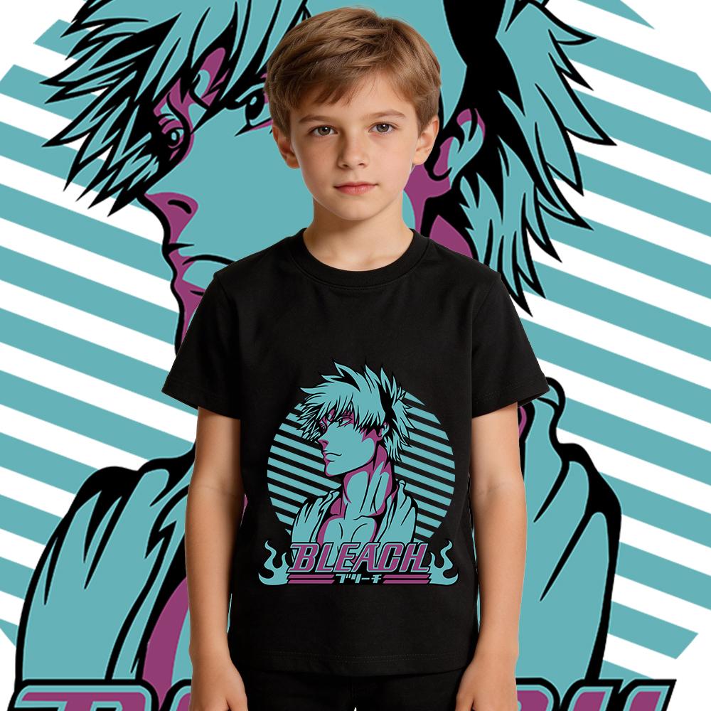 Boys Girls Cotton T Shirt Bleach Ichigo Anime Print Casual Summer Short Sleeve Top Kids Clothing Children