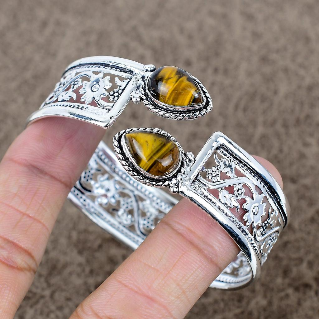 Tiger Eye Gemstone Handmade 925 Sterling Silver Cuff Bangle Adjustable KKG-774