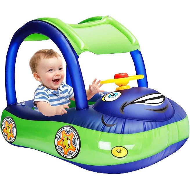 iGeeKid Inflatable Baby Pool Float with Canopy, Safty Seat for Infant Baby Swim Float Rings Car Shaped Swimming Pool Floaties for Babies Toddler Age