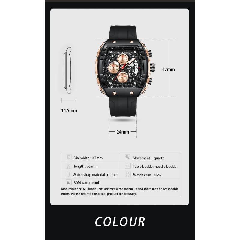 ONOLA Ceasuri de mână bărbătești de modă, multifuncționale, cu calendar, cronometru, lumină de noapte, impermeabile, din silicon impermeabil, cu quartz