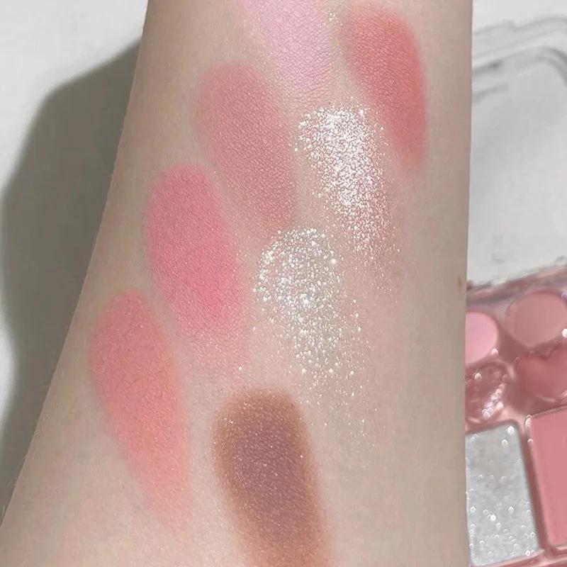 Pink Orange Eyeshadow Palette 8-Colors Facial Blusher Highlighters Brightening Lasting Heart-shaped Eye Shadow Make Up Cosmetics