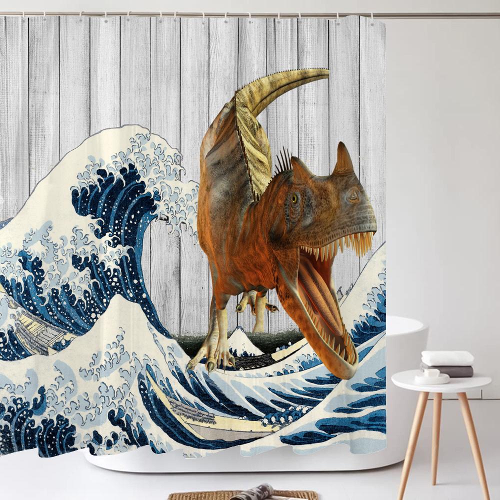 Lustiger Hund Dinosaurier Wasserdichter Polyester Duschvorhang Mit Haken Für Badewanne Kreativität Badezimmer Sichtschutz Heimdekoration Wandtuch
