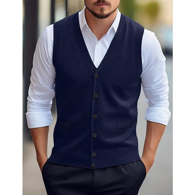 Men S Casual Sleeveless Knit Vest Solid Color All Season M темно-синий